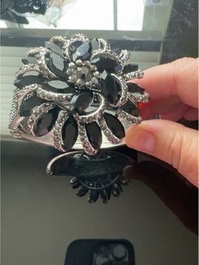 Signed Black Rhinestone Floral Hinged Cuff Bracelet Silver Tone Statement